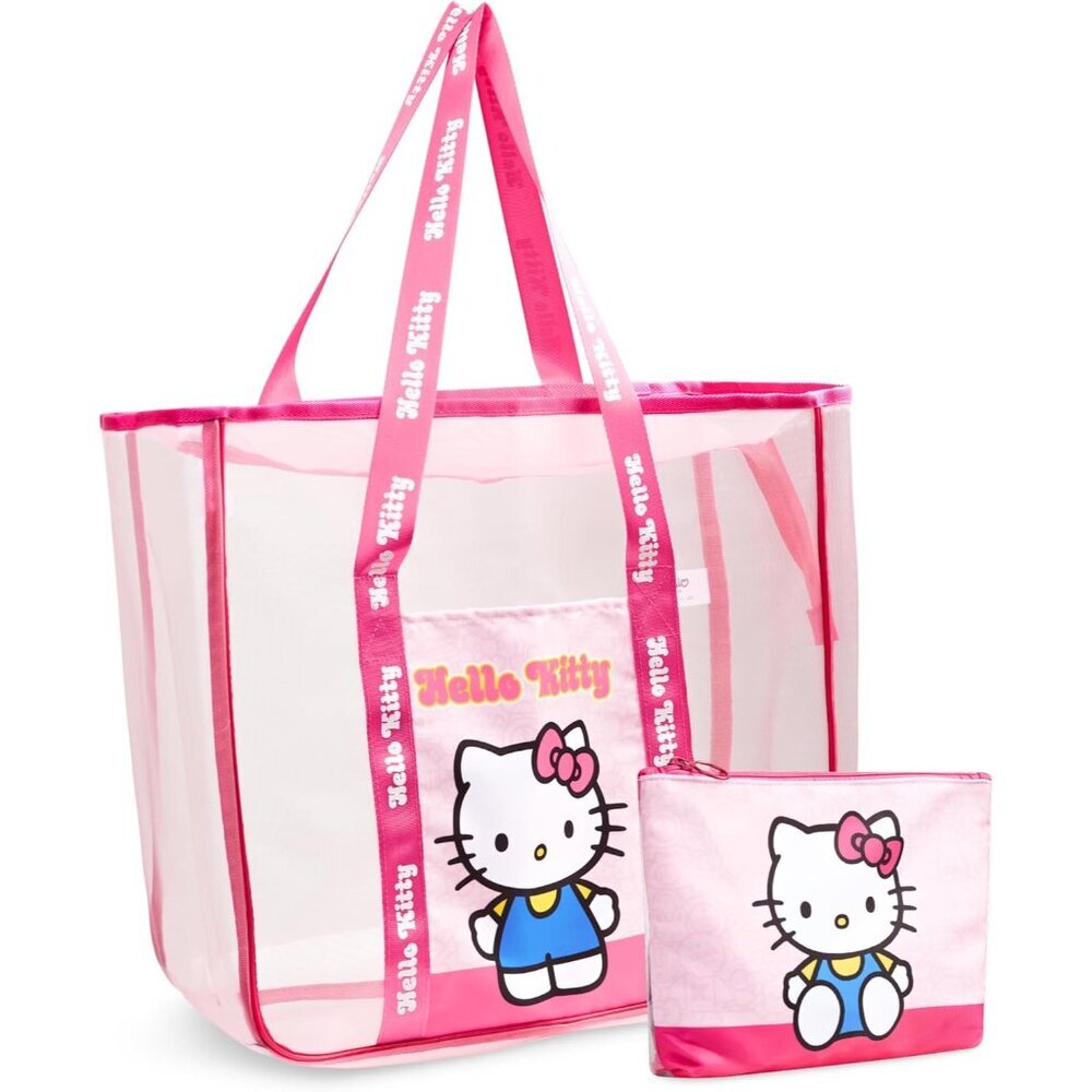 Mesh Beach Tote Bag Women Teens Travel With Pouch Pink Hello Kitty